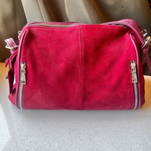 Nico Louise Handbags - Nico Louise Maroon & Burgundy Suede Leather Handbag Adjustable Crossbody Strap